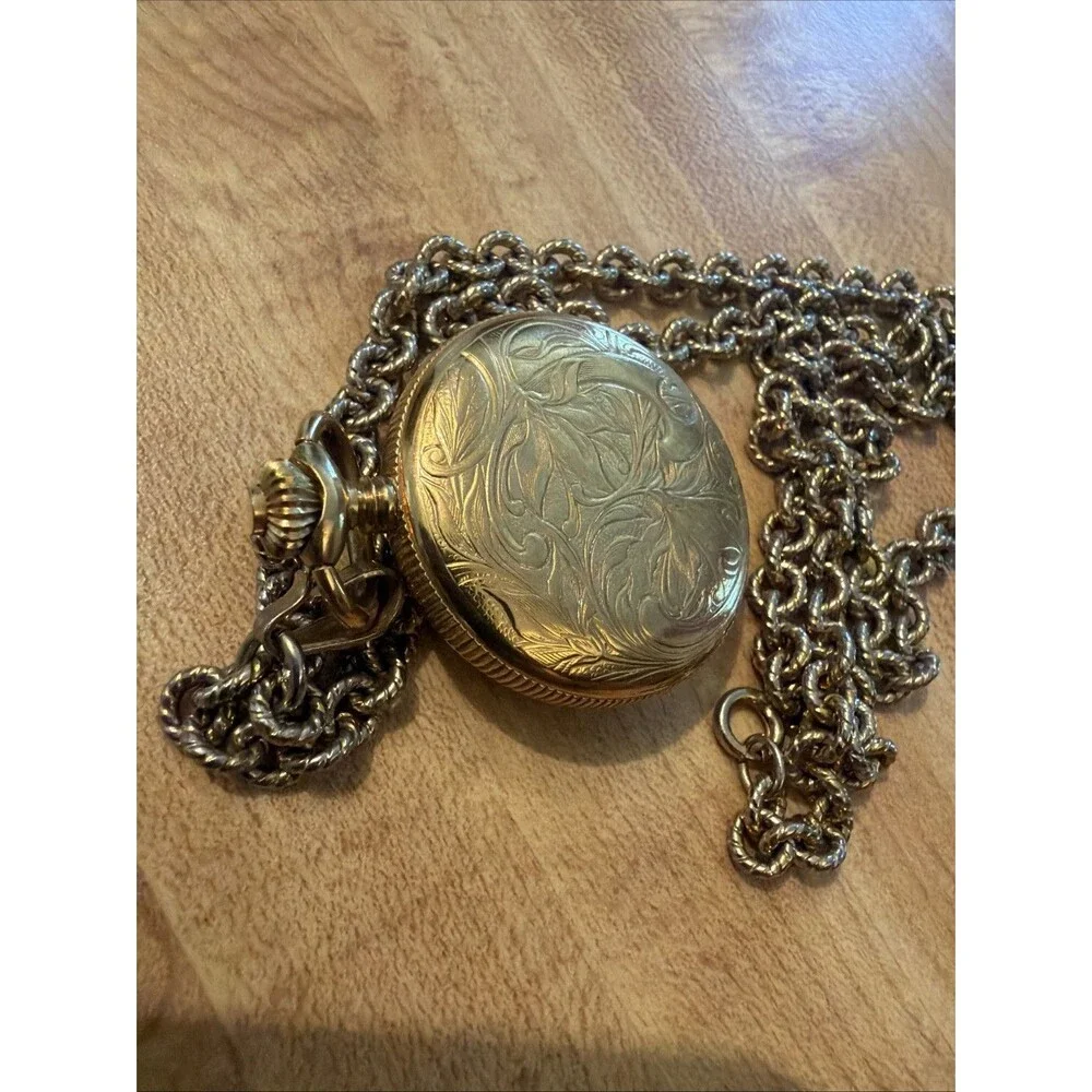 Bullova Caravelle MINI Full Hunter Manual Pocket Watch Chain Vintage Gold Tone
